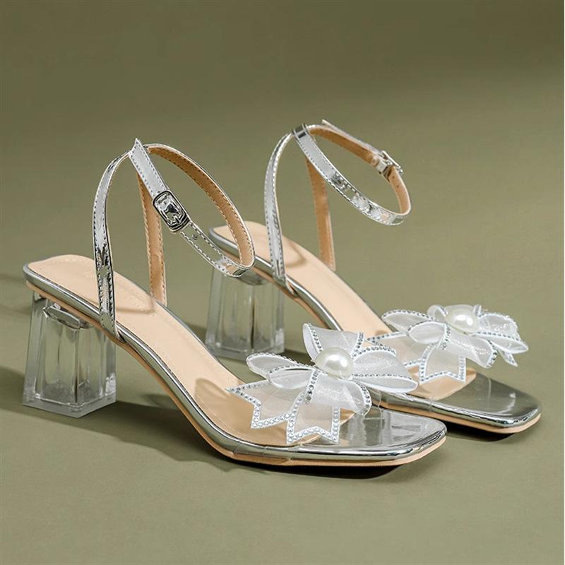 

2025 летние новые босоножки на шпильках с пряжкой в одно слово, с открытым носком, на высоком каблуке, с бантом, сетка, модная женская обувь, фея 40 серебряный