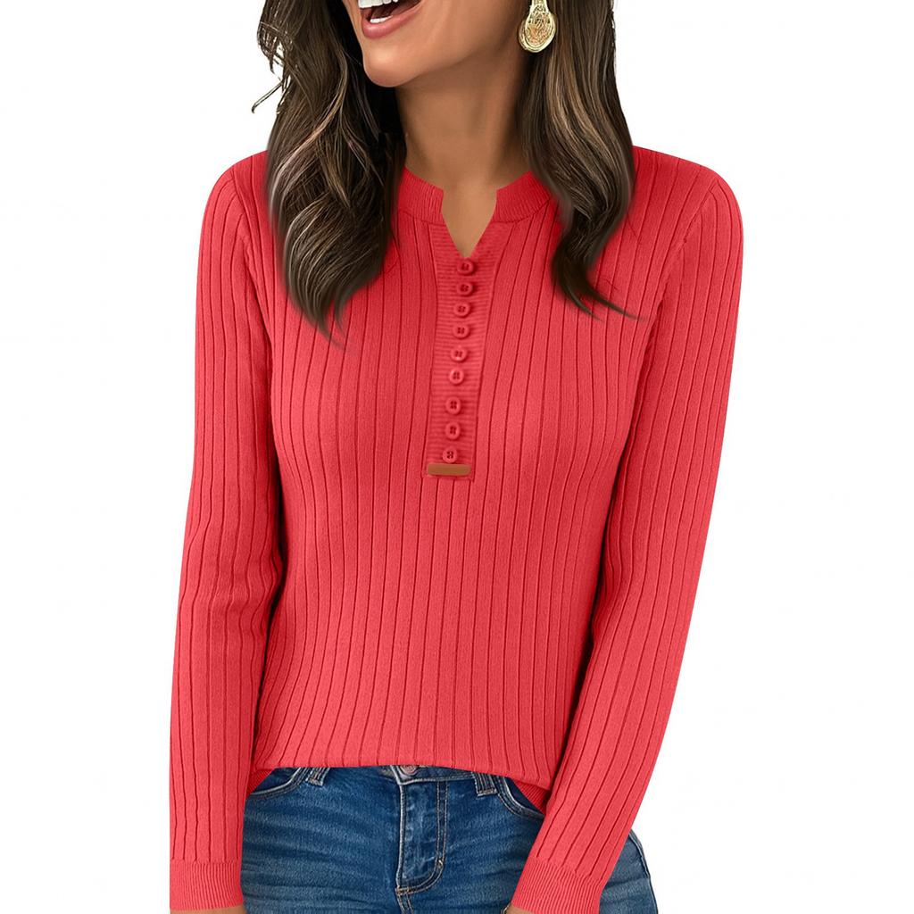Women's Fashion Solid Color V-neck Long Sleeve Button Loose Bottom Knitted Sweater Top