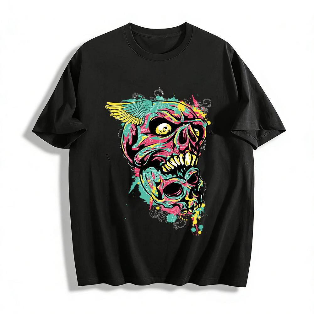 Dark Winged Stacked Skull Print Edgy Streetwear Casual T-Shirt Pure cotton T-shirt XXS