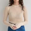 GMXIA Cut-out Knit Sweater Spring and Summer Sexy Slim Wool Round Neck Long-sleeved Thin Pit-stripe Knit Sweater