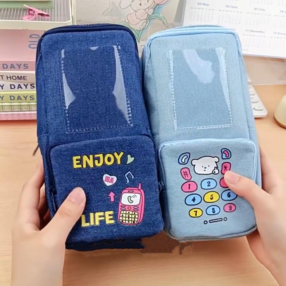 Kawaii Pencil Case Multi Layer Stationery Storage Bag Simple Denim Pencil Bag  School Supplies