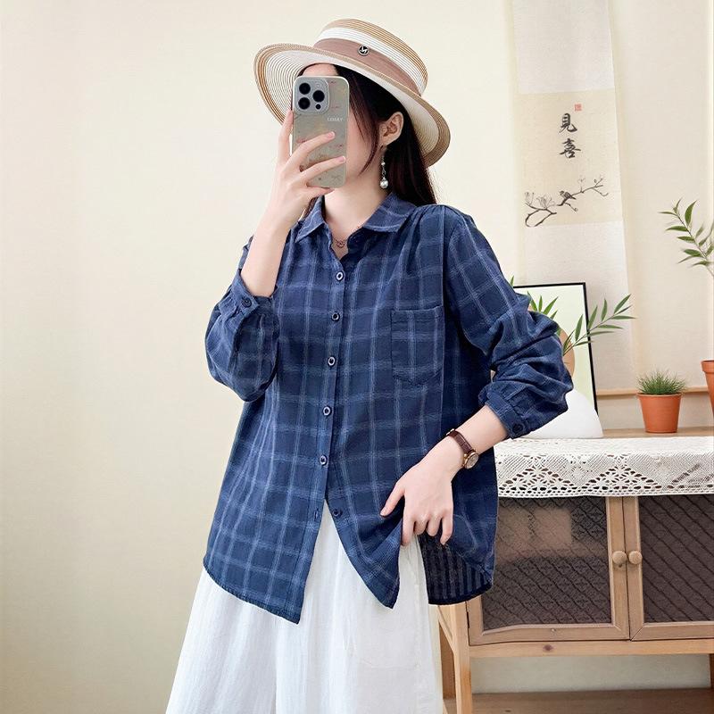 Japanese retro literary and artistic style double-layer cotton yarn plaid shirt spring and autumn new pure cotton loose and versatile long-sleeved 