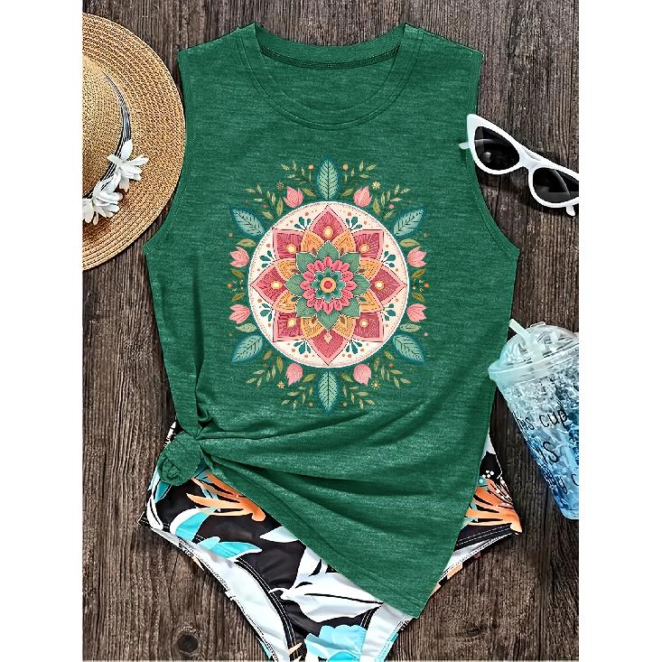 Elegant Vest for Women Bohemian colorful floral mandala print casual loose summer vest Fashionable and elegant tops for commuting, vacation, and