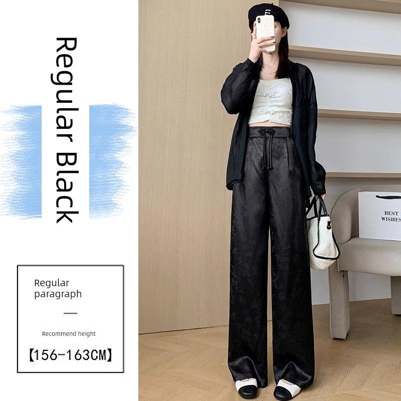 

Black National Style Loose Pants Women s Spring & Fall Thin High Waist Drooping Slimming New Chinese Style Buckle Satin Jacquard Straight-Leg Pants Black-Regular Style XL
