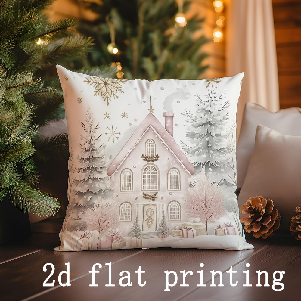 Home Decor Christmas-Themed Floral & House Print Pillow Covers Pattern Cushion Cover Suitable For Sofa Bedroom Car Pillow Cover