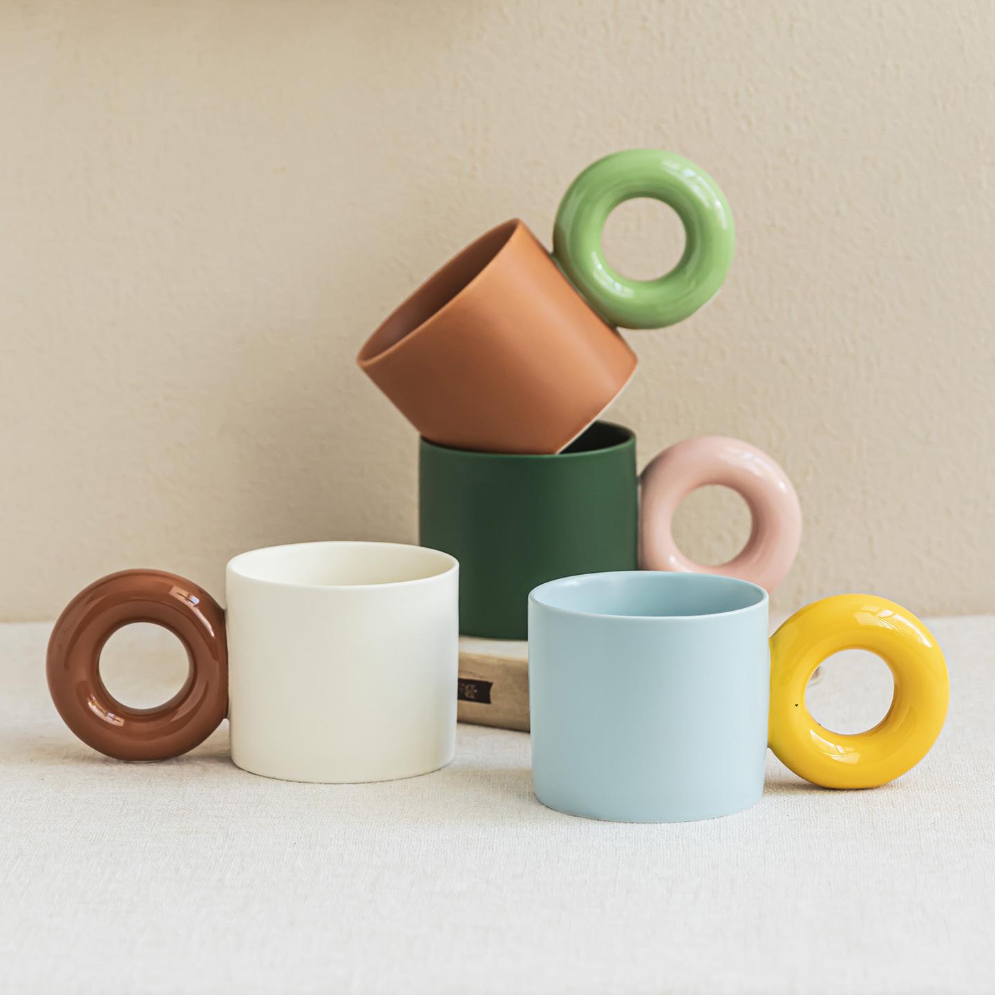 Macaron Color Mug Wind Donut Handle Cup Household Ceramic Cup Coffee Cup Water Cup