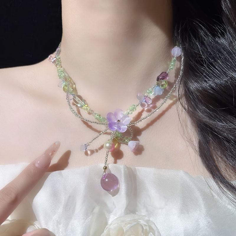 [Flower Shadow Weeping Beads] Romantic Color Dopamine Beaded Flower Necklace Niche Fashion Sweet Delicate Clavicle Chain