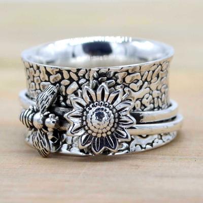 Sunflower Bee 925 Silver Handmade Women Spinner Ring
