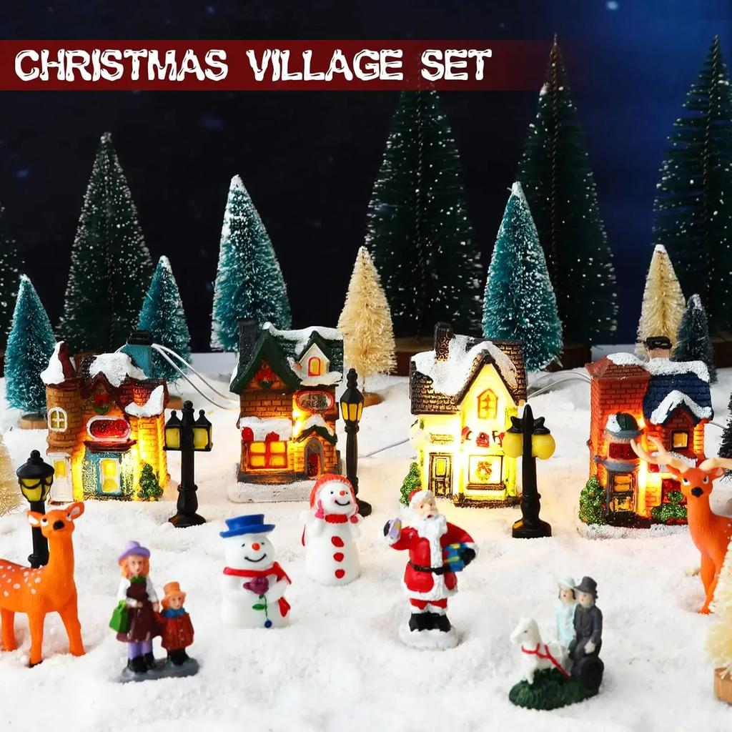 Holiday Landscape Decor Set Christmas Resin Miniature Houses with Light Up Village Collection for Tabletop Display