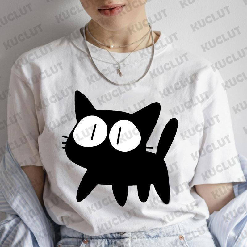 

T Shirt for Women Black Cats Print Fashion Tee Shirt Casual Round Neck Short Sleeve Streetwear Female T-Shirt Vintage Tee Tops S