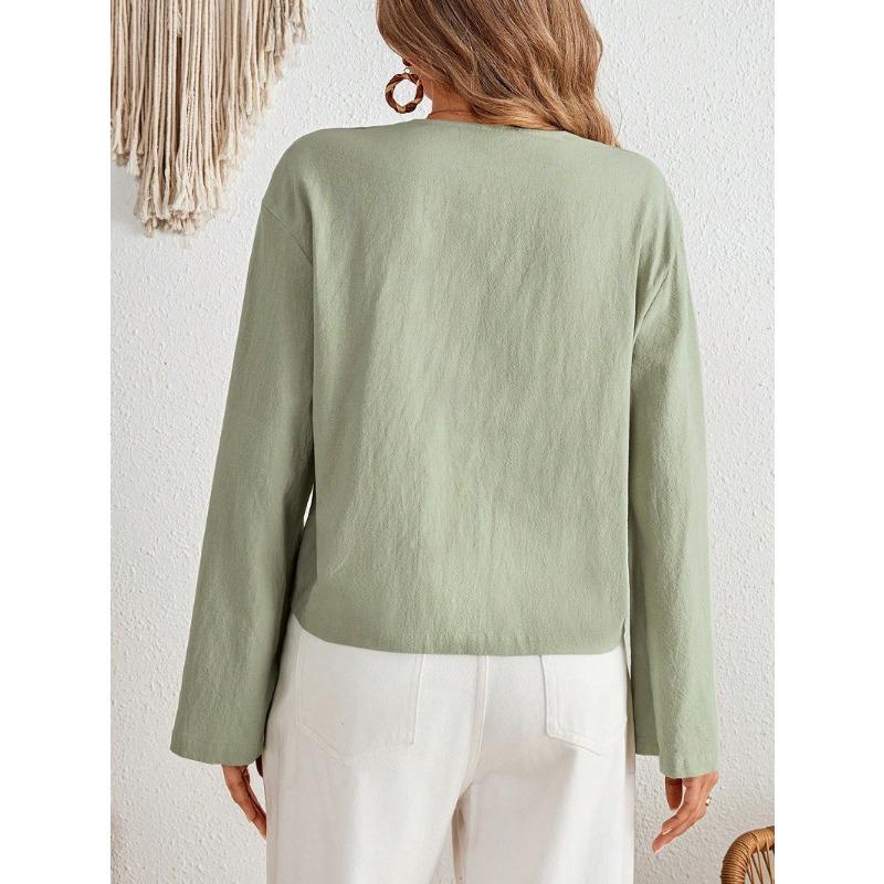 Módní dámská šněrovací košile s dlouhým rukávem, ležérní volná košile s výstřihem do V, s krajkovými průstřihy, jednobarevná