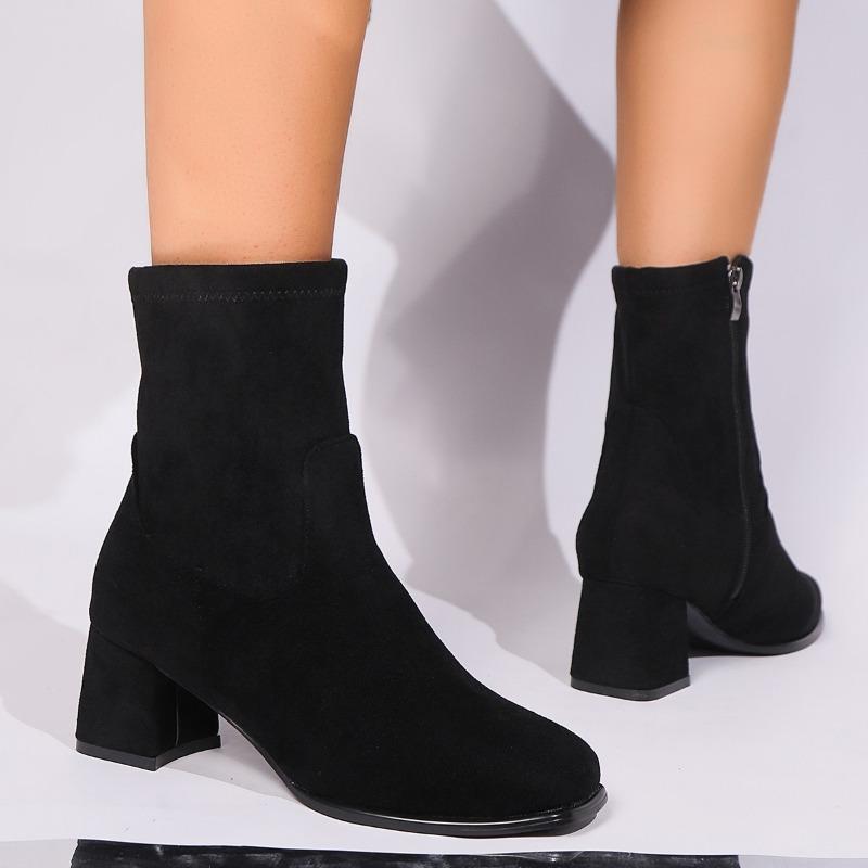 Women's Round Head Thick Heel Medium Heel Stretch Suede Boots