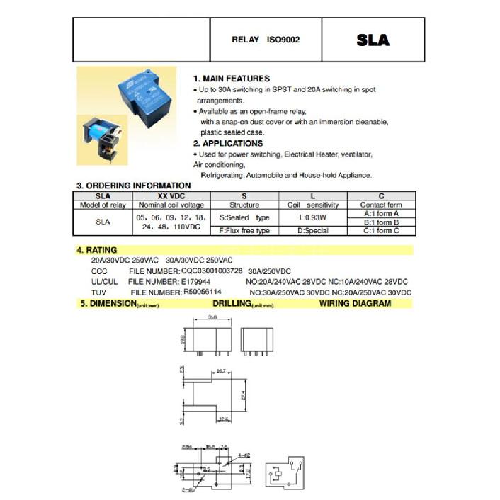 2PCS Power Relays SLA-05VDC-SL-C SLA-12VDC-SL-C SLA-24VDC-SL-C 5V 12V 24V 30A 6PIN T90 New and Original Relays 5