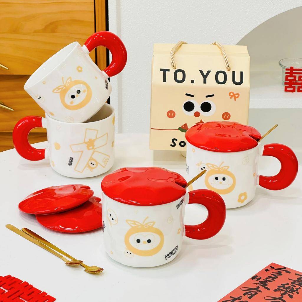 Small Orange with Lid Spoon Red Ceramic Cup Cartoon Cute High Value Mug Household Water Cup Set