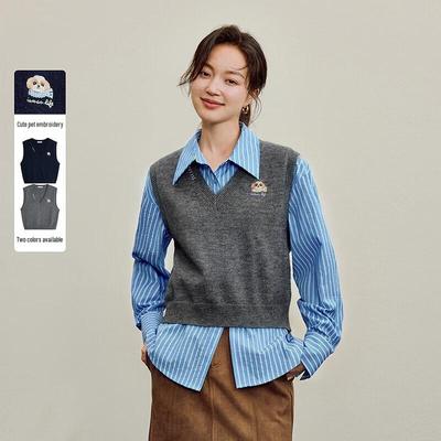 Yinman Damen Retro V-Ausschnitt Gestrickte Weste mit Stickerei