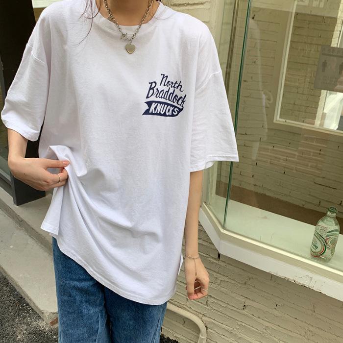 2025 Summer New Foreign Gas Printing Pure Cotton White Short-sleeved T-shirt Women's Medium and Long Large Size Loose Half-sleeved Top
