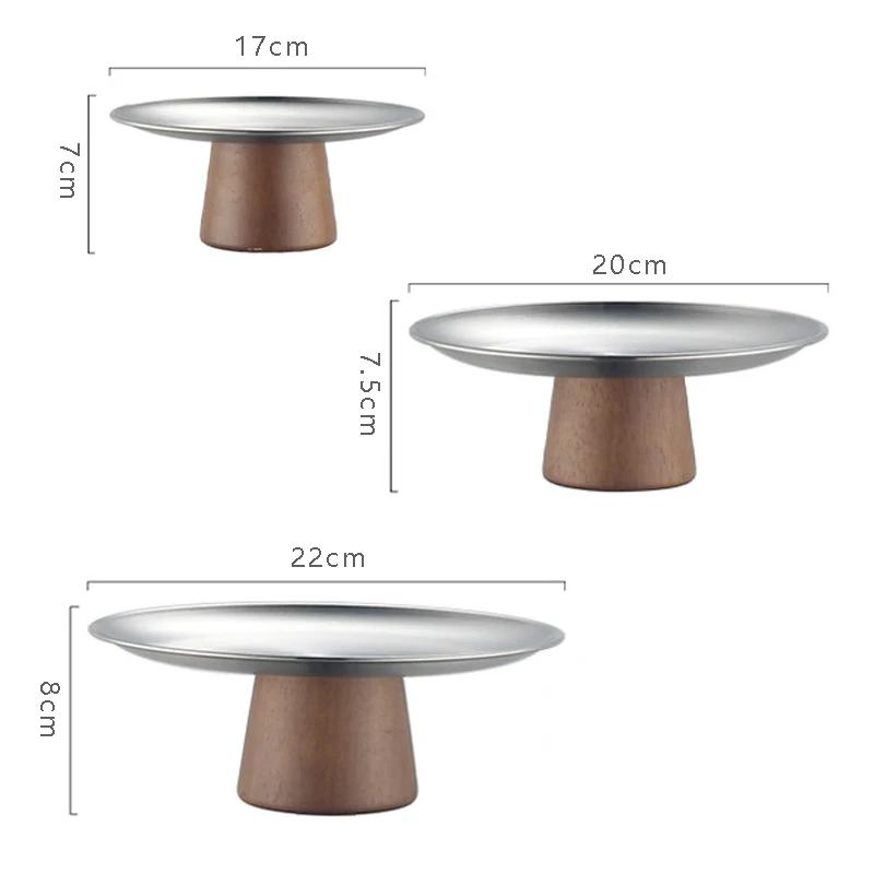 Stainless Steel Table Plates Dinnerware Kitchen Fruit Bowl with Wooden Base Partitioned Candy Bread Cake Dessert Trays Tableware