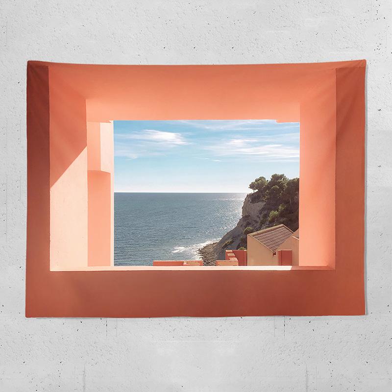 Oceanview window backdrop fabric digitalprinted polyester tapestries living rooms bedrooms macrame wall hanging room decor