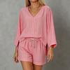 Women's Loose Fit V Neck Long Sleeve Top and Drawstring Waist Shorts Two Piece Set Lightweight Striped Lounge Wear Casual Outfit