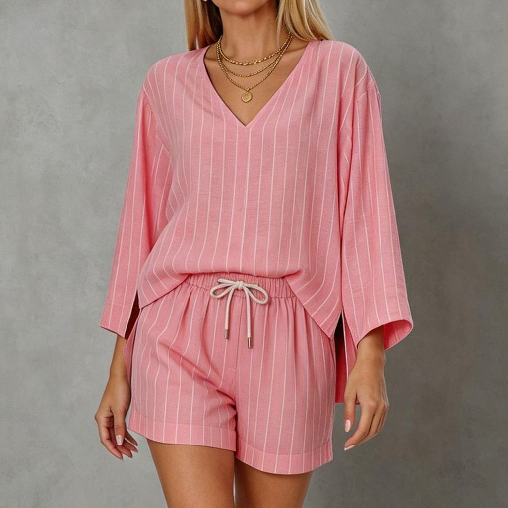 Women's Loose Fit V Neck Long Sleeve Top and Drawstring Waist Shorts Two Piece Set Lightweight Striped Lounge Wear Casual Outfit