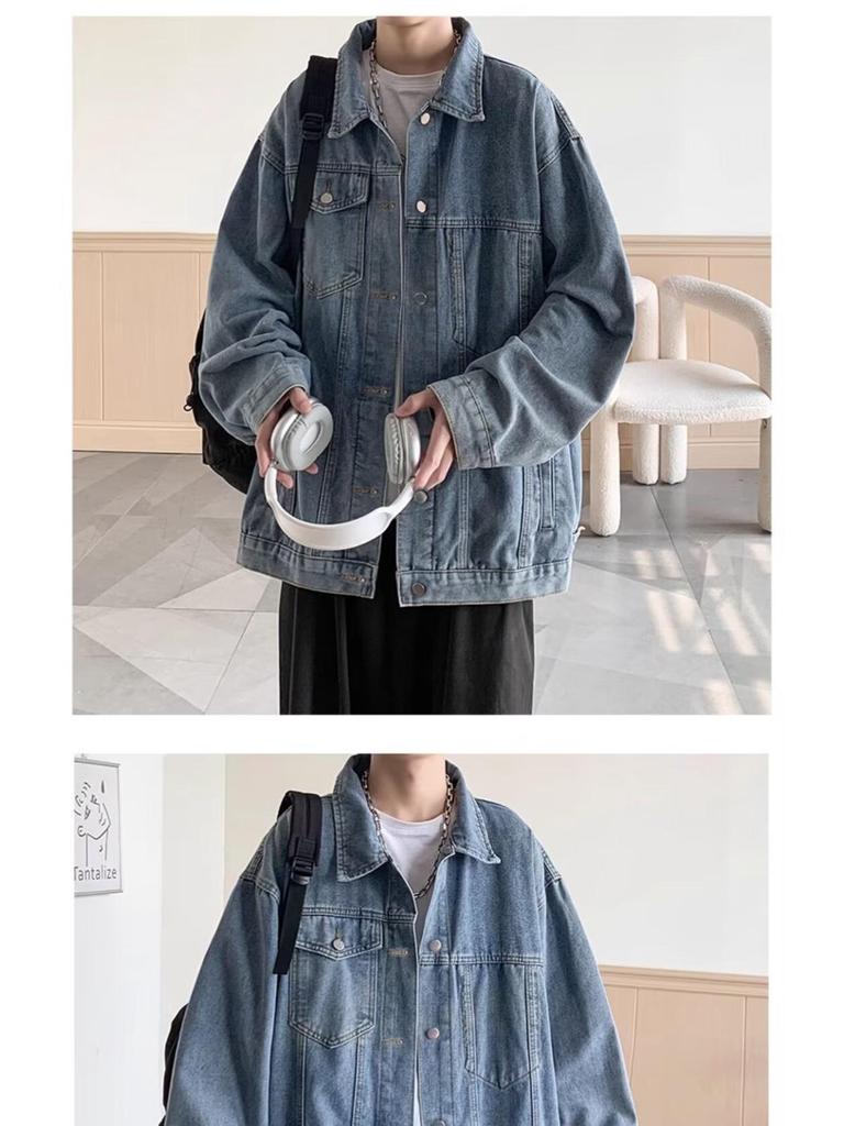 Veste en jean rétro pour homme - Streetwear décontracté Printemps/Automne, Col rabattu polyvalent, Style workwear élégant.