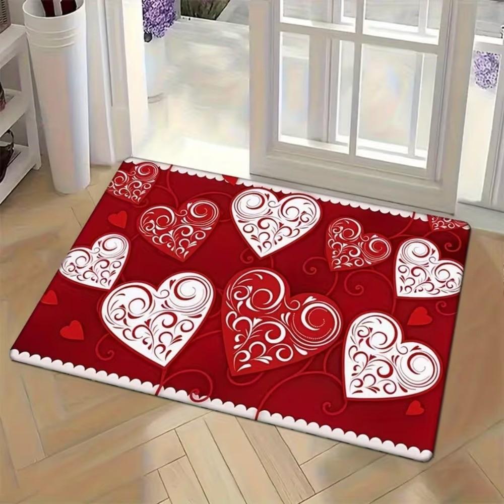 Soft Valentine Day Floor Mat Weaving Texture Rose Door Mat Romantic Heart Anti Slip Mat  Entryway