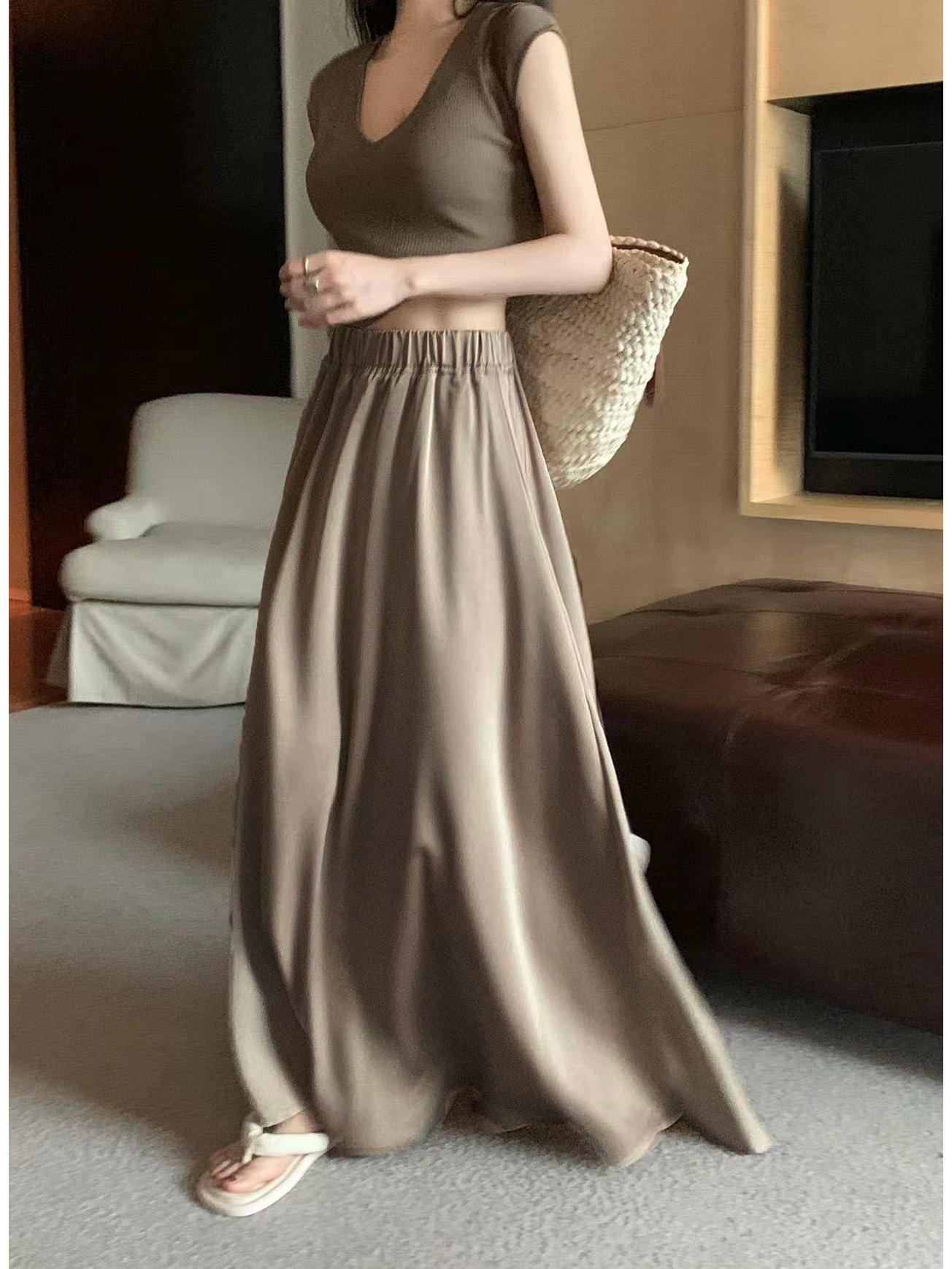 2023 French Hepburn Style Women s Long A-Line Acetate Satin Skirt One Size