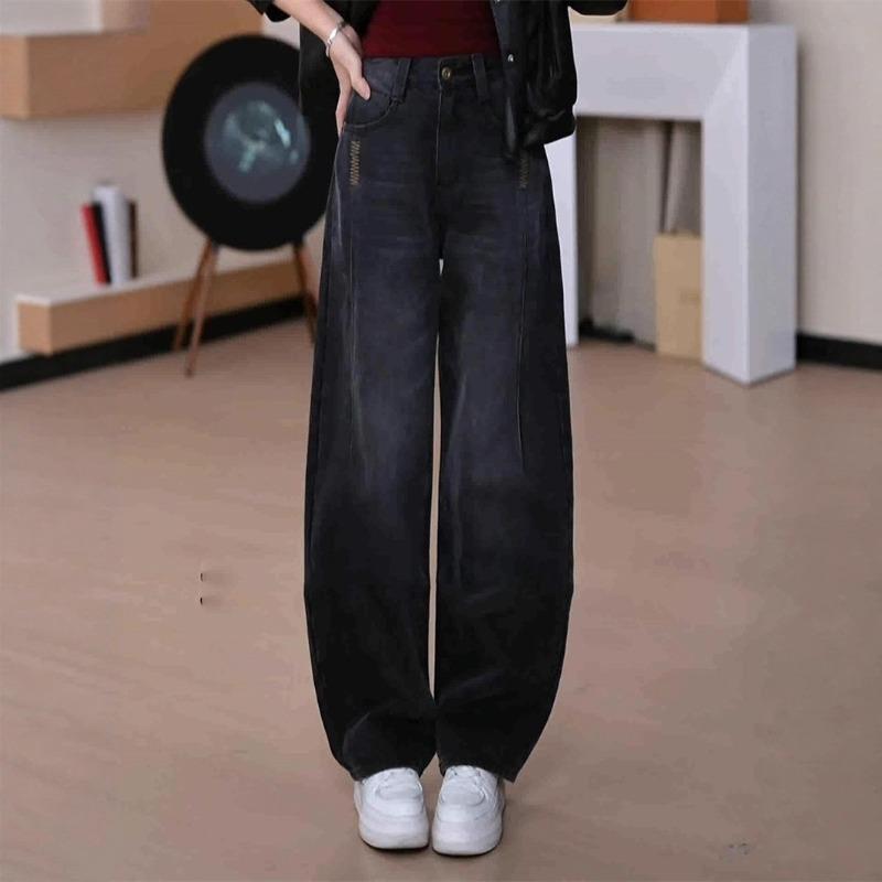 Fleece black and gray narrow version scimitar jeans women's autumn and winter new high-waisted thin splicing embroidered sickle wide-leg pants