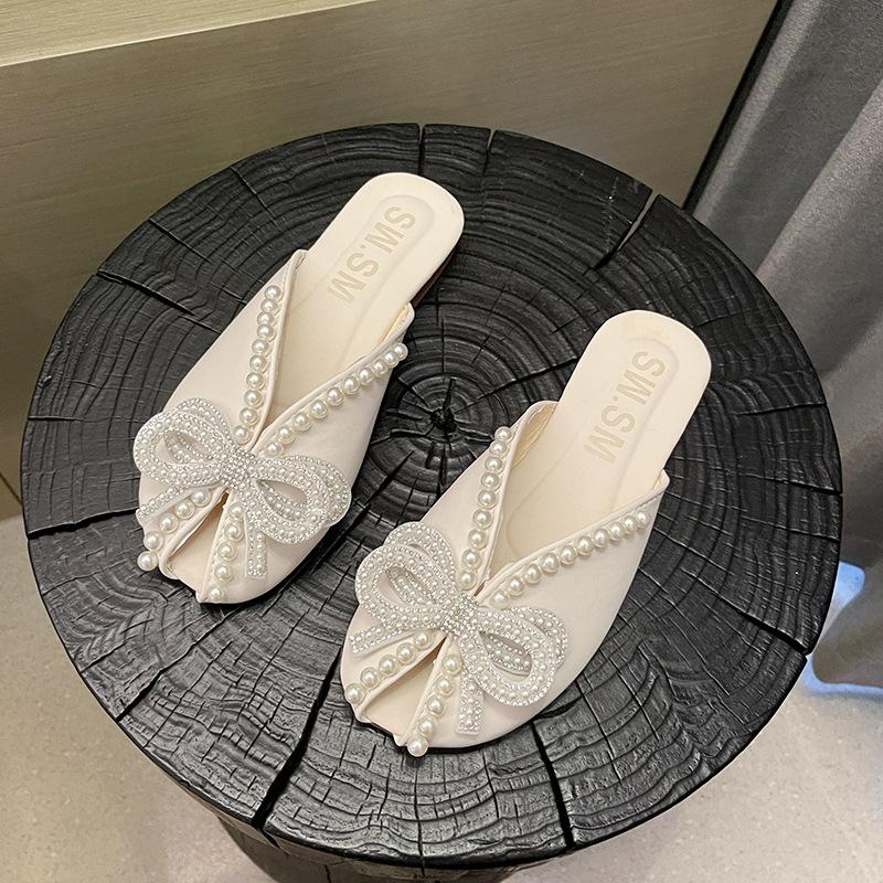 Fashion Women's Fashion Slippers Summer Footwear Pearl Flat Bow Rhinestone Outer Half Baotou Sandals Comfortable Soft Sole Women Shoes