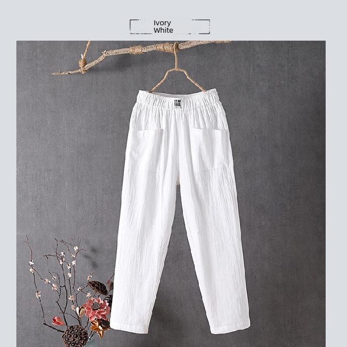 2025 Women’s Korean-Style Loose Straight-Leg Cotton Linen Pants – Summer Slimming Nine-Point Harem