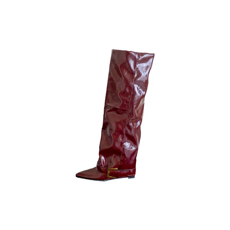 European and American style big tube circumference metal buckle, thin pointed thick heel pants