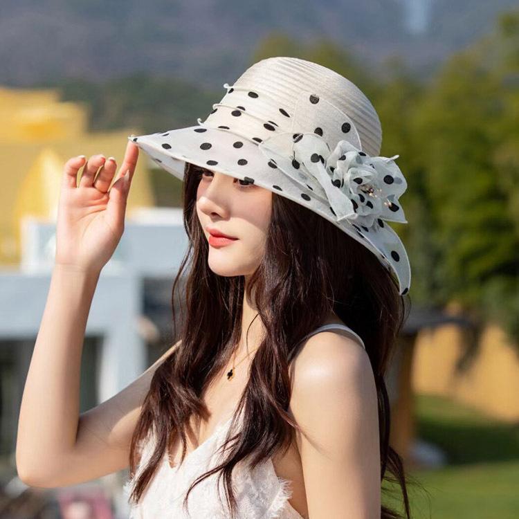 Spring and summer women's hats new fashion flower polka dot sunscreen sun hats versatile elegant sunshade basin hats