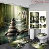 4Pcs 2D Flat Zen and Orchid Shower Curtain Set with Non-Slip Bath Mat, Toilet Lid Cover, Contour Rug & 12 Hooks, Bathroom Decor