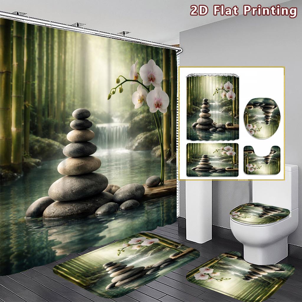 4Pcs 2D Flat Zen and Orchid Shower Curtain Set with Non-Slip Bath Mat, Toilet Lid Cover, Contour Rug & 12 Hooks, Bathroom Decor