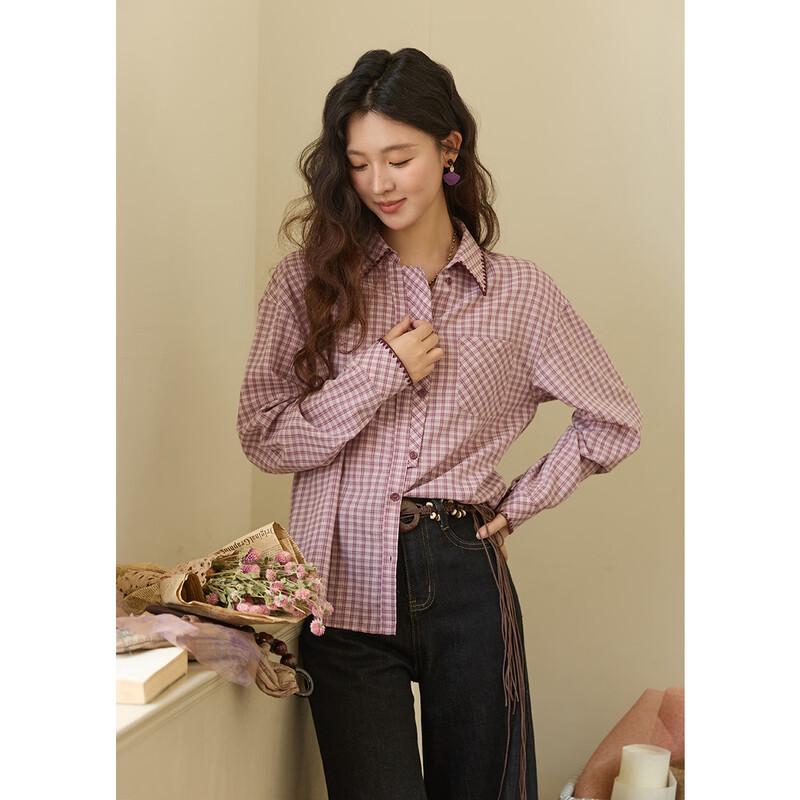 Women s Relaxed Fit Purple Plaid Shirt S