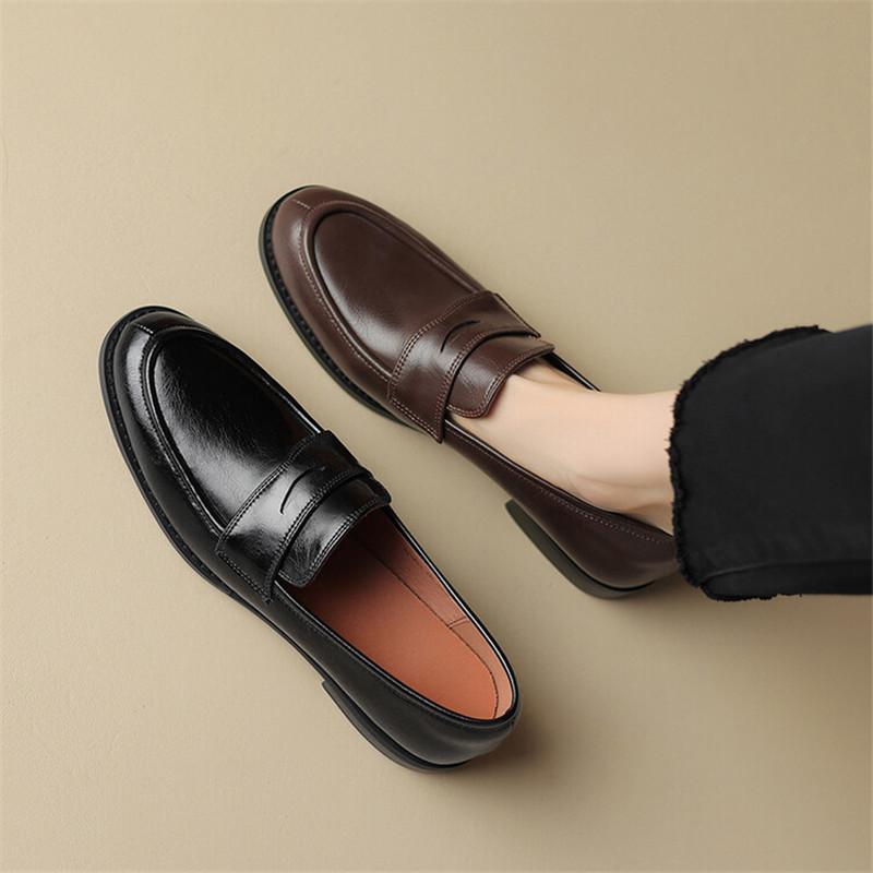 Fashion New Spring Split Leather Loafers Woman Shoes Chunky Heel Round Toe Shoes for Women Ladies Shoes Casual Low Heel Women Pumps