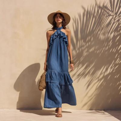 Women's New Bohemian Women's Dress Seaside Crossing Dress Fake Ruffle Edge Sleeveless Neck Long Dress