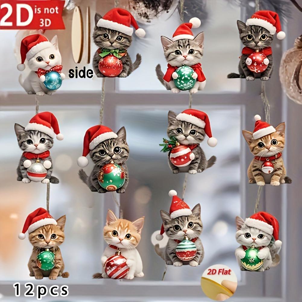 

12/24Pcs 2D Christmas Wooden Cat Wall Hanging Hanging Ornament Acrylic Funny Xmas Tree Cat Keychain Key Decoration Gifts