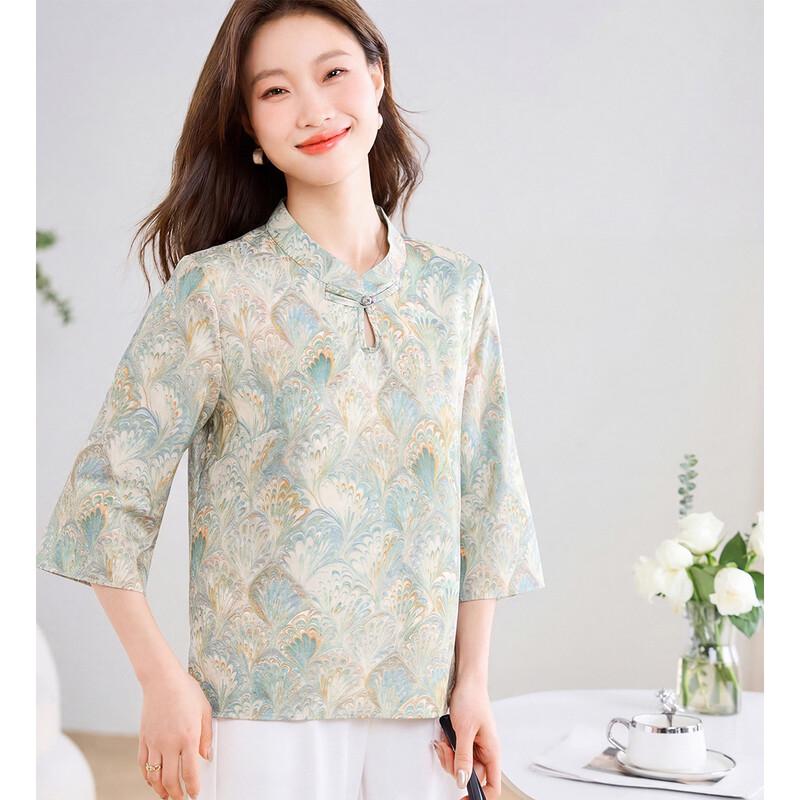 ORIGIN Women's Chinese Style Printed Stand Collar Mid-Sleeve Shirt