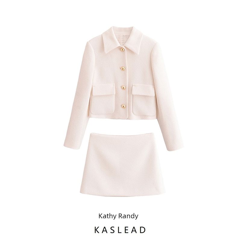 Kaslead New Arrival Women's Clothing Fashion Style Fashion Polo Collar Long Sleeves Short Tweed Outwear Skirt Suit