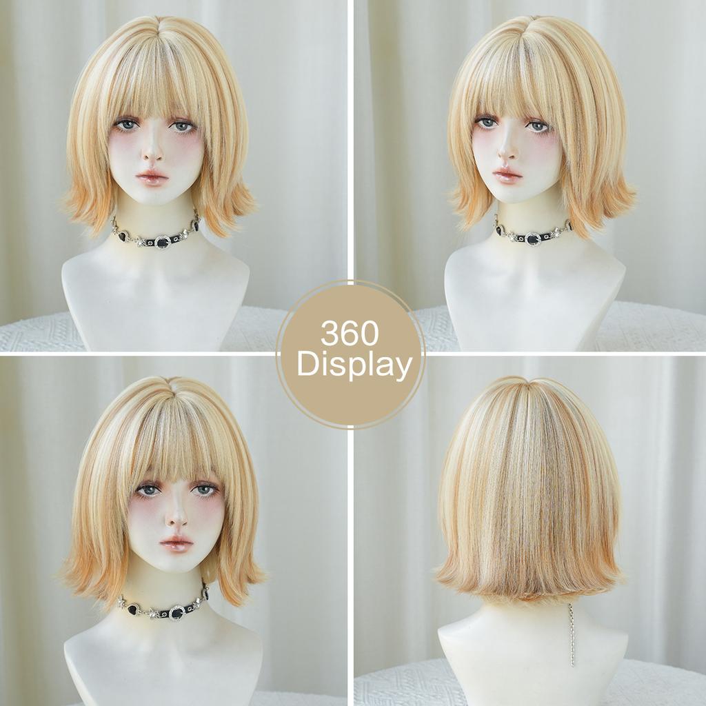 Daily Date Short Straight Synthetic Wigs for Women Blond Beige Bob Wigs with Bangs Cosplay Party Heat Resistant Fake Hair