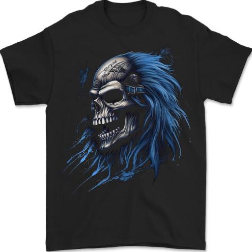 Evil Blue Skull With Blue Hair Heavy Metal Mens T-Shirt 100% Cotton XXXL