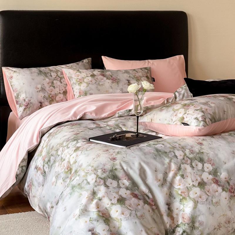 French Pastoral Oil Painting Style 100S Pure Cotton Satin Long-Staple Cotton Four-Piece Digital Printing Bedding