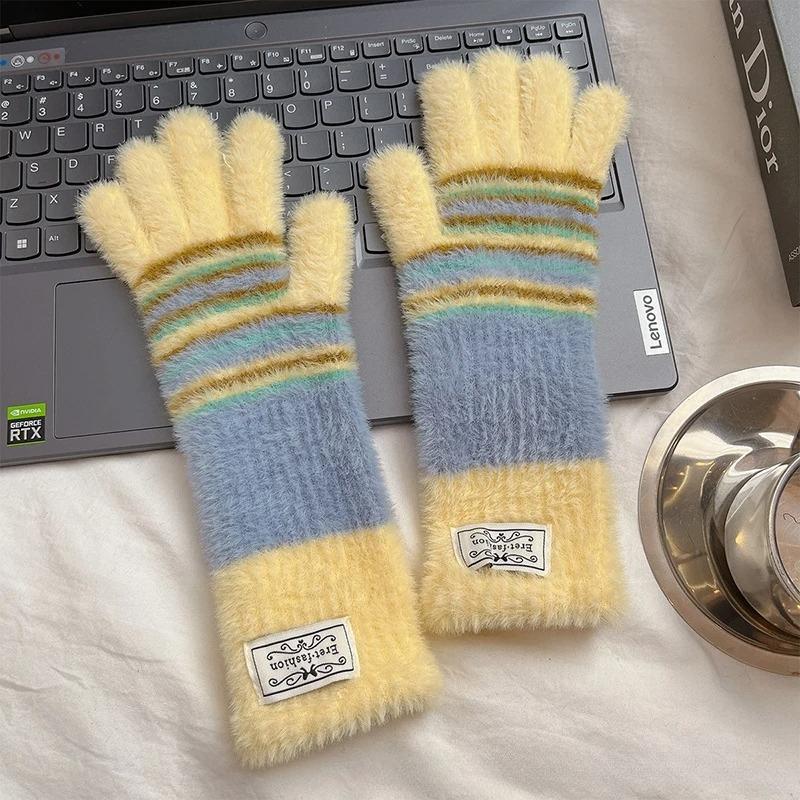 

Striped Knit Gloves Women Winter Cold Protection Warm Colorful Plush Gloves Five-Fingered Touch Screen Outdoor Gloves Fashion жовтий