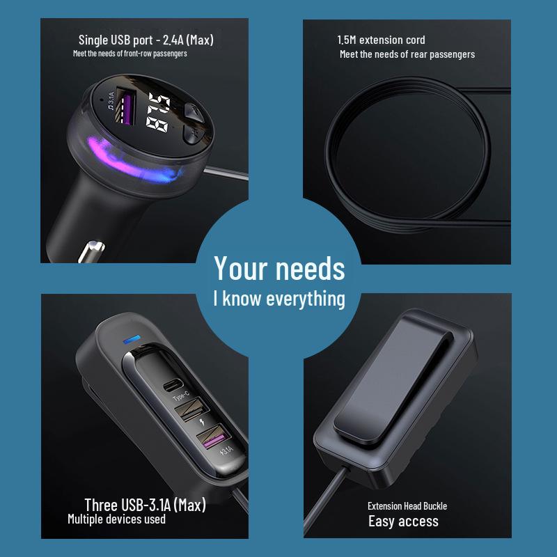 Multifunctional Rear Seat Car Charger with Bluetooth MP3 Player & FM Transmitter