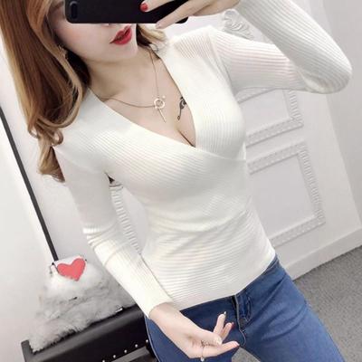 Reine Begierde sexy Strickoberteil mit gekreuztem Ausschnitt und langen Ärmeln Damen neu Taille und dünn hochwertiges Temperament Basic-Shirt
