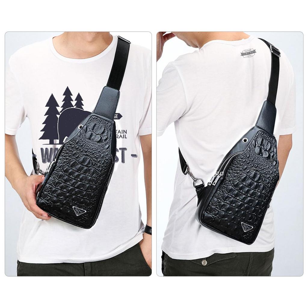 Cenvins Body Crossbody Chest Messenger PU Large with Earphone Reversible Left or Right Unisex Men's One-Shoulder Bag, Bag, Bag, Bag, Leather,