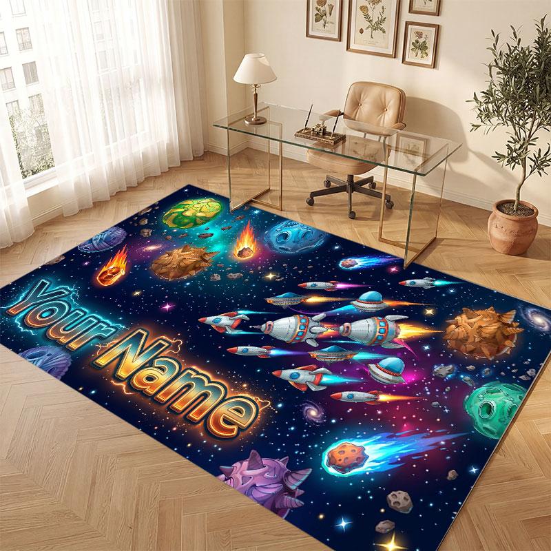 Space Cosmic Theme Crystal Velvet Floor Rug Personalized Custom Name Text Warm Carpet Home Decoration