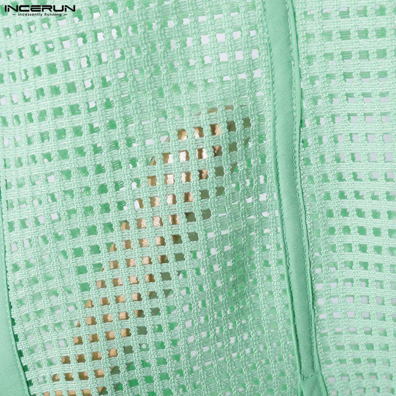 INCERUN Men Lapel Neck Long Sleeve Hollow Out Fishnet Mesh Sheer Beach Shirts Tops 