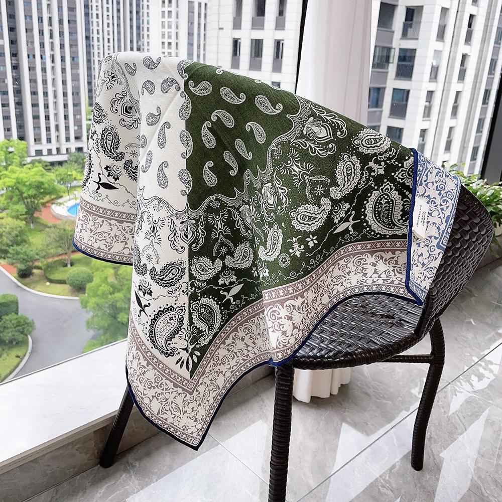 Women's Green French Paisley Silk-Wool Scarf, 70 cm Square, Double-Sided Print, High Quality